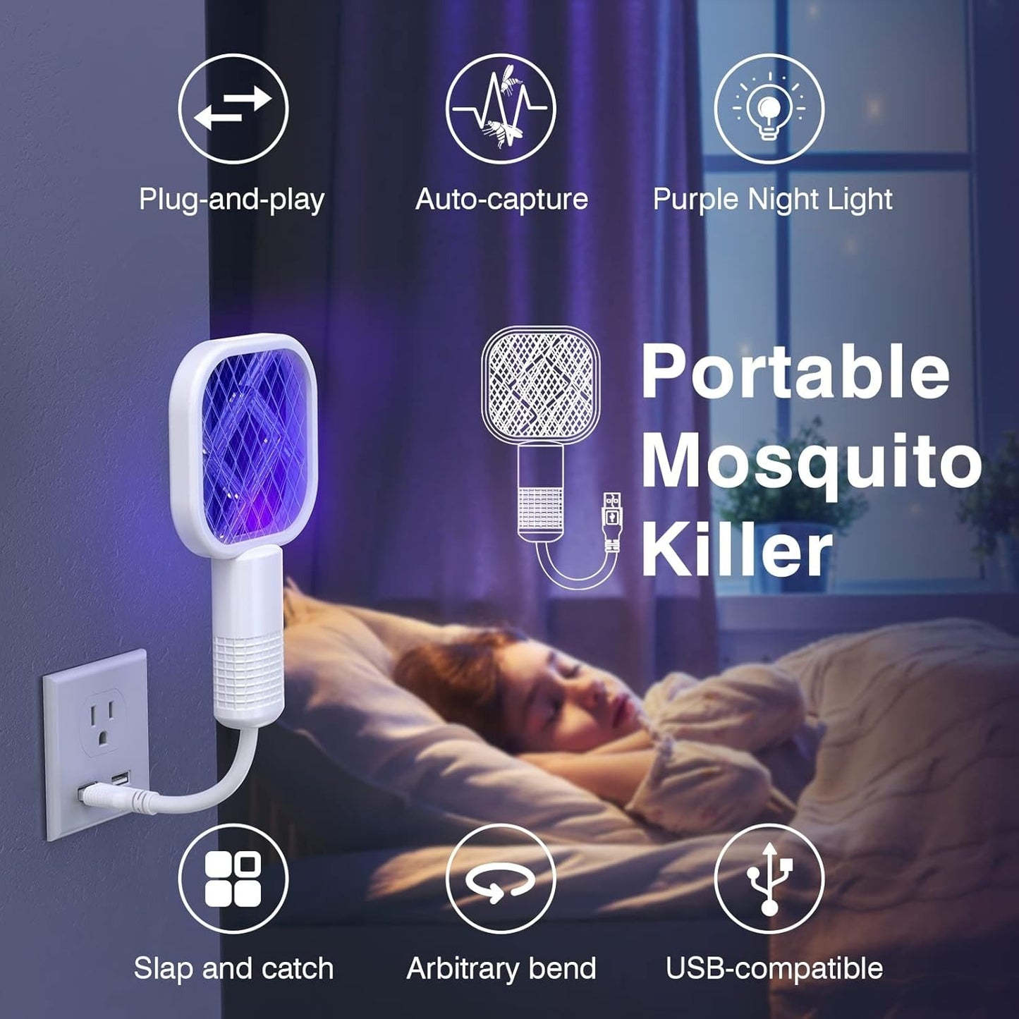 Electric Mosquito Killer Racket Lamp UV Light Insect Trap USB Zapper Home Indoor Pocket Size